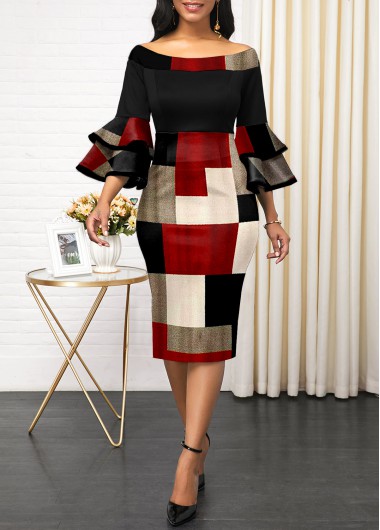 Modlily Boat Neck Layered Bell Sleeve Geometric Print Dress - S