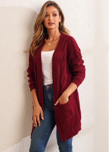 Modlily Open Front Long Sleeve Pocket Solid Cardigan - M
