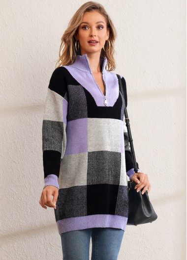 Modlily Plaid Long Sleeve Quarter Zip Sweater - M