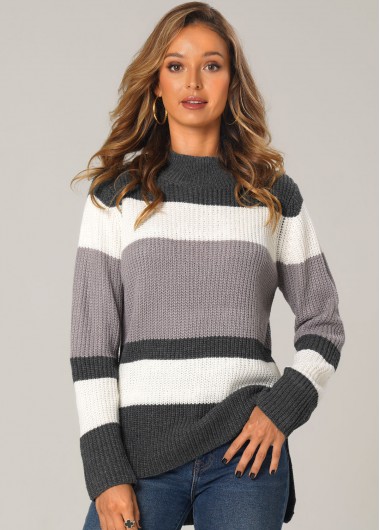 Modlily Dip Hem Patchwork Long Sleeve Sweater - S
