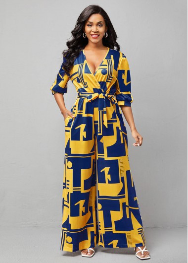 Modlily Double Side Pocket V Neck Printed Jumpsuit - L