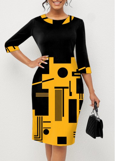 Modlily Geometric Print 3/4 Sleeve Round Neck Dress - XXL