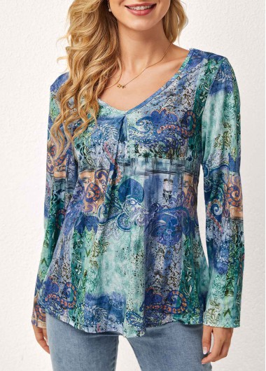 Modlily Printed Long Sleeve V Neck T Shirt - M