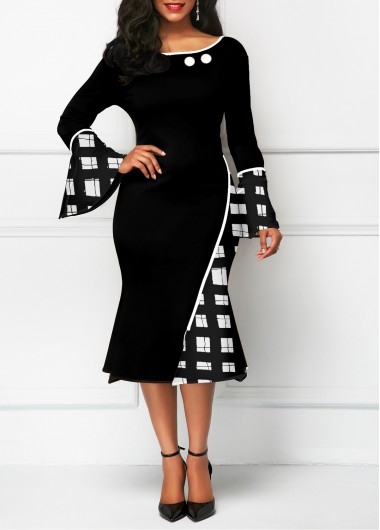 Modlily Plaid Boat Neck Flare Sleeve Dress - L