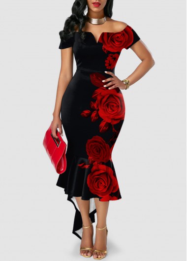 Modlily Asymmetric Hem Sweetheart Neckline Floral Print Dress - XL