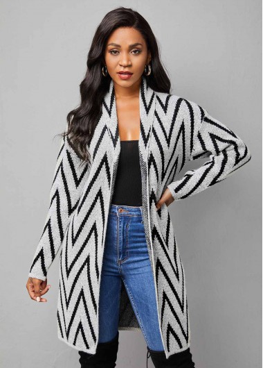 Modlily Long Sleeve Chevron Print Open Front Cardigan - S