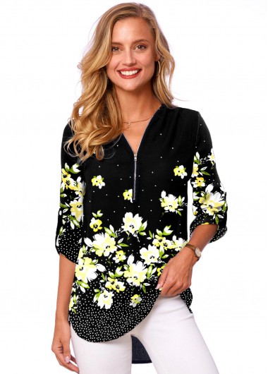 Modlily Floral Print Quarter Zip 3/4 Sleeve Blouse - M