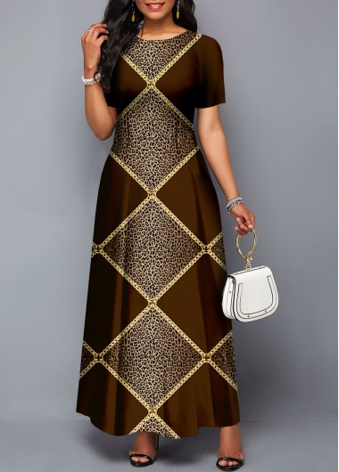 Modlily Leopard Short Sleeve Round Neck Dress - M