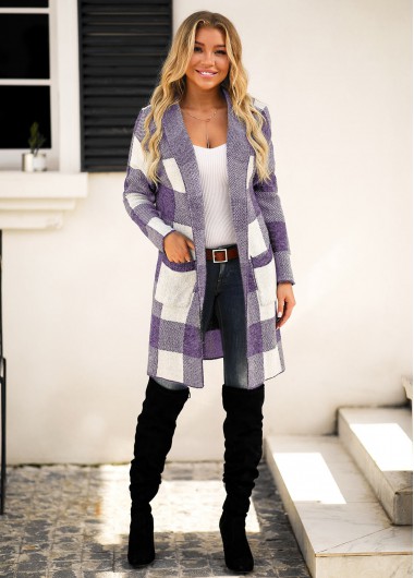 Modlily Plaid Hooded Collar Pocket Long Sleeve Cardigan - XL