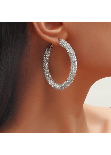 Modlily Silver Metal Detail Rhinestone Design Earring Set - One Size