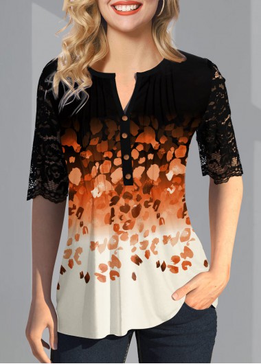 Modlily Lace Patchwork Ombre Split Neck Blouse - M