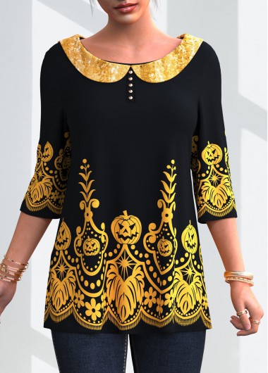 Modlily Peter Pan Collar Sequin Halloween Pumpkin Print Blouse - M