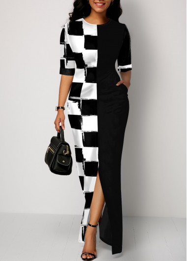 Modlily Pocket Checkered Round Neck Half Sleeve Dress - S