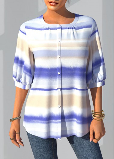 Modlily Decorative Button Tie Dye Three Quarters Sleeve Blouse - S