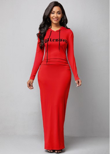 Modlily Letter Print Hooded Collar Long Sleeve Dress - XL