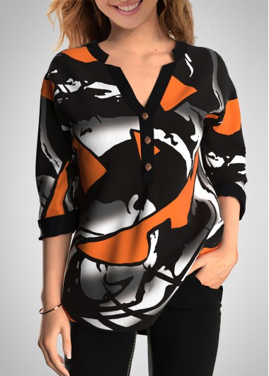 Modlily Halloween Print Split Neck 3/4 Sleeve Blouse - M