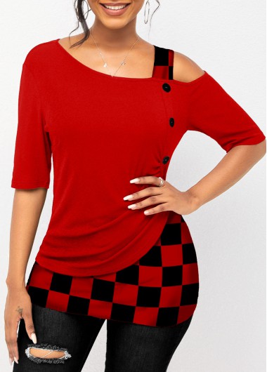 Modlily Plaid Skew Neck Cold Shoulder T Shirt - M