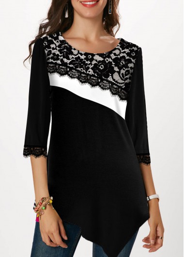 Modlily Round Neck Lace Stitching Contrast T Shirt - L