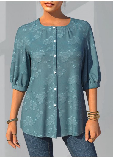 Modlily Solid Button Detail 3/4 Sleeve Blouse - XXL