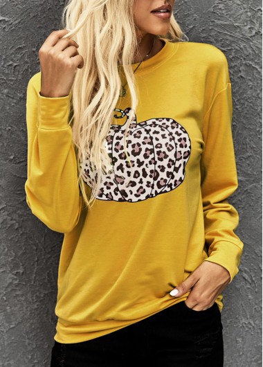 Modlily Leopard Pumpkin Print Long Sleeve Round Neck Sweatshirt - L