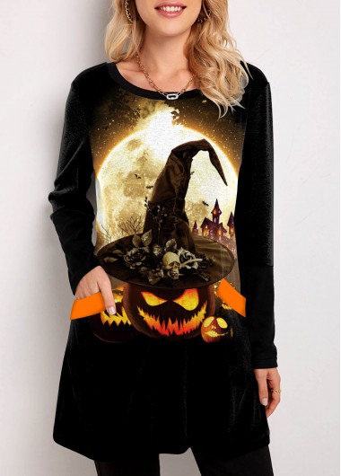 Modlily Pocket Round Neck Halloween Print T Shirt - XL