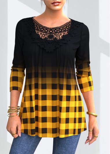 Modlily Plaid Ombre Lace Stitching Long Sleeve Blouse - S