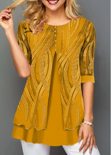 Modlily Layered Hem Lace Panel Round Neck T Shirt - XXL