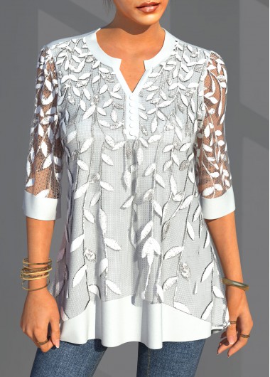 Modlily Lace Patchwork Three Quarters Sleeve Split Neck Blouse - L