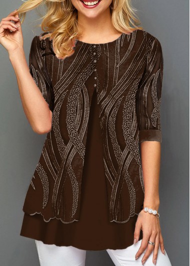 Modlily Layered Hem Lace Panel Round Neck T Shirt - S