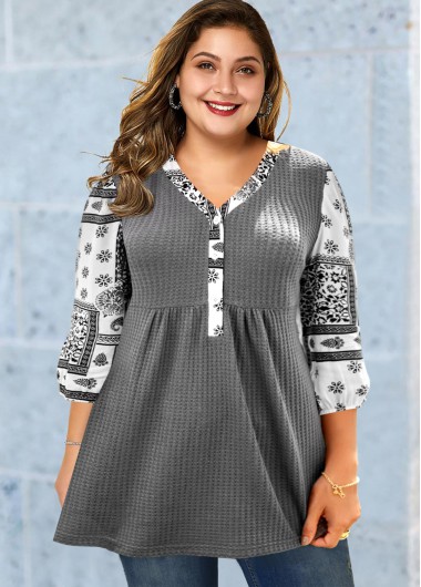 Modlily Plus Size Tribal Print V Neck 3/4 Sleeve Tunic Top - 3X
