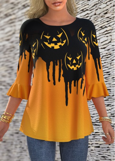 Modlily Halloween Pumpkin Print Round Neck T Shirt - S