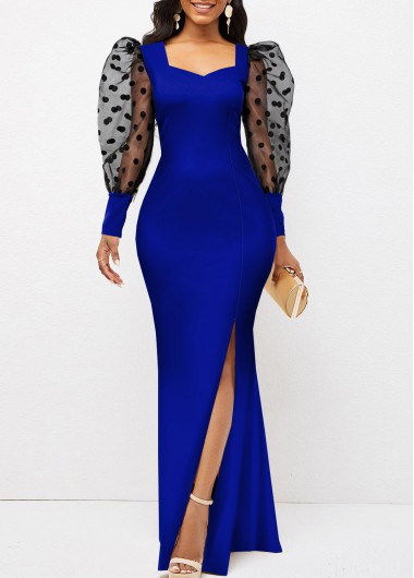 Modlily Side Slit Polka Dot Mesh Stitching Long Sleeve Dress - L