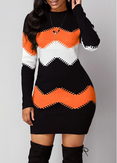 Modlily Long Sleeve Chevron Print Round Neck Sweater Dress - XL