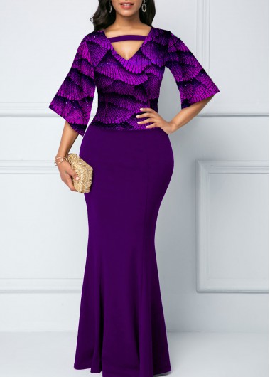 Modlily Hot Stamping Print Sequin 3/4 Sleeve Mermaid Dress - M