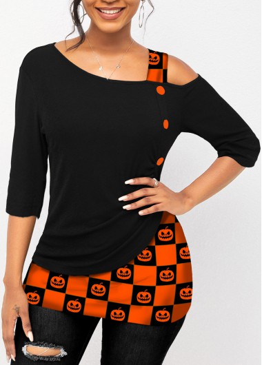 Modlily Cold Shoulder Plaid Faux Two Piece T Shirt - S