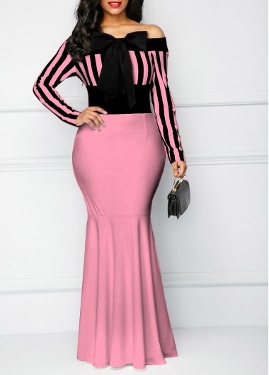 Modlily Off Shoulder Bowknot Long Sleeve Dress - S