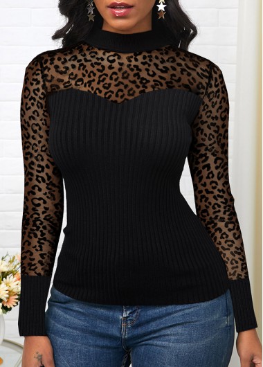Modlily Leopard Long Sleeve Mock Neck T Shirt - M