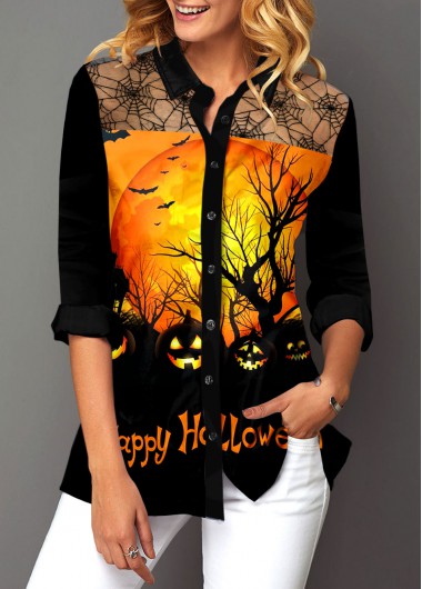 Modlily Lace Patchwork Turndown Collar Halloween Print Blouse - M