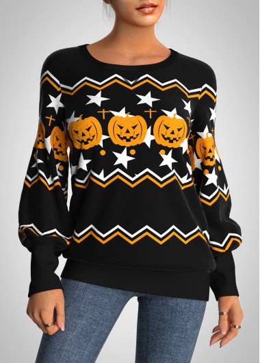 Modlily Halloween Pumpkin Print Round Neck Long Sleeve Sweatshirt - XL