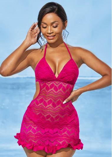 Modlily Lace Solid Halter Open Back Swimdress and Panty - XL