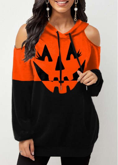 Modlily Cold Shoulder Halloween Print Pocket Hoodie - M