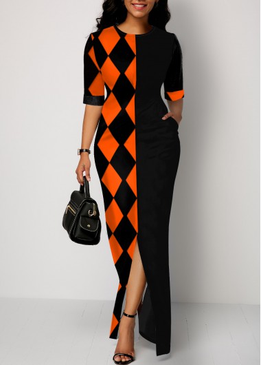 Modlily Front Slit Hem Geometric Print Round Neck Dress - M