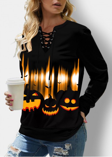 Modlily Lace Up Pumpkin Print Long Sleeve Sweatshirt - M