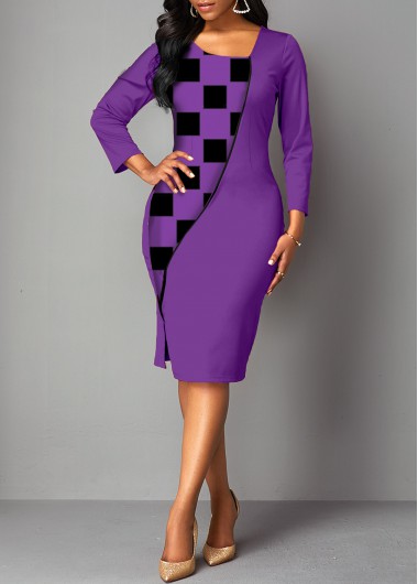 Modlily 3/4 Sleeve Asymmetrical Neck Plaid Dress - M