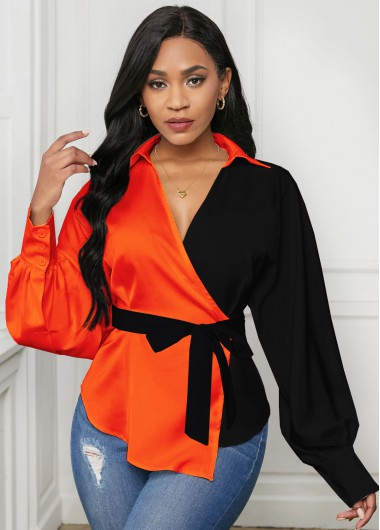 Modlily Turndown Collar Color Block Long Sleeve Blouse - L