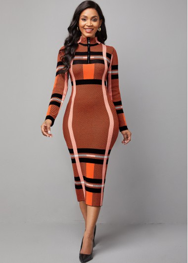 Modlily Quarter Zip Plaid Dark Khaki Long Sleeve Sweater Dress - M