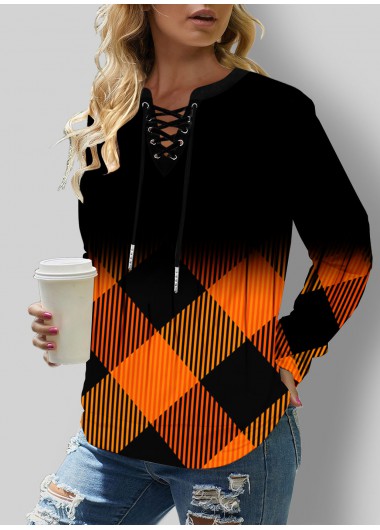 Modlily Lace Up Plaid Ombre Long Sleeve Sweatshirt - M