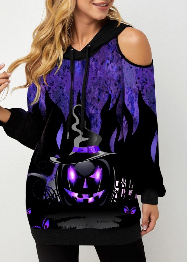 Modlily Halloween Pumpkin Print Cold Shoulder Drawstring Detail Hoodie - S
