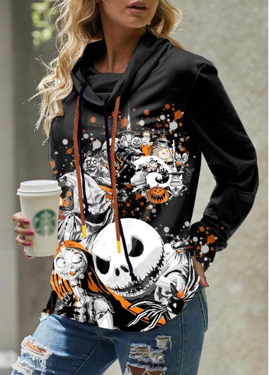 Modlily Skull Print Cowl Neck Drawstring Detail Sweatshirt - M