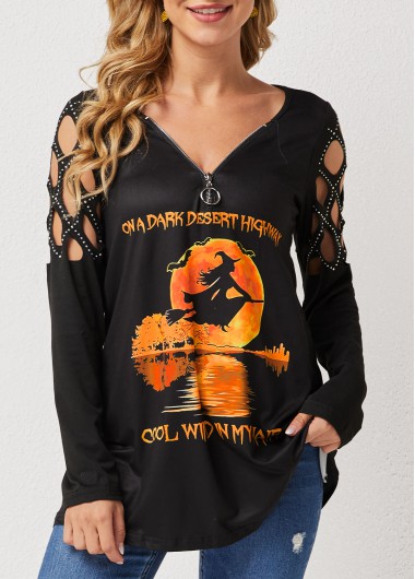 Modlily Halloween Print Cold Shoulder Zipper Detail T Shirt - XL